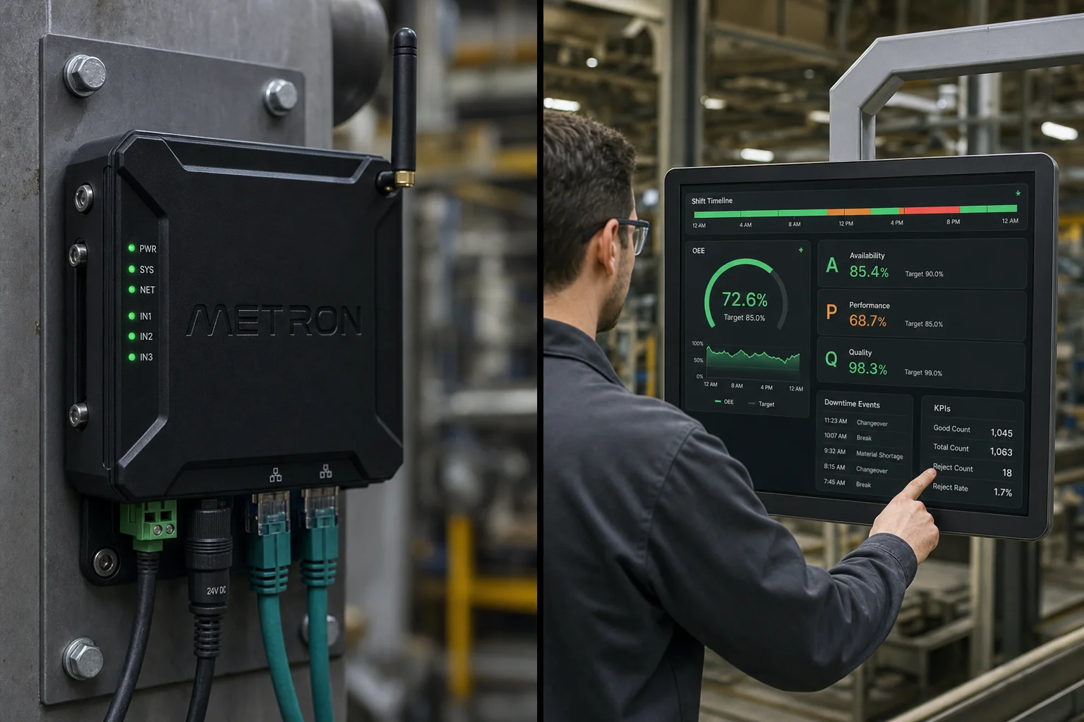 Metron Edge gateway on the machine beside an operator using the Metron production-control touchscreen.